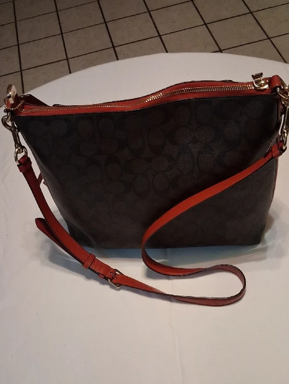 Coach Brown Signature Canvas Shoulder Bag with Red Leather Trim Gold tone logo